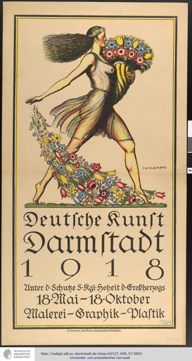 Eine Frau mit einem Blumenstrauß in der Hand, mit Text, der das Berliner Runt Darmstadt Festival der Blumen ankündigt.