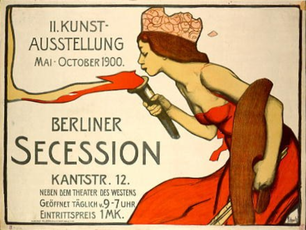 Plakat aus dem Jahr 1900, das eine Berliner Secession ankündigt und eine Frau in rotem Kleid zeigt, die ein Objekt hält, sowie Text mit Veranstaltungseinzelheiten.
