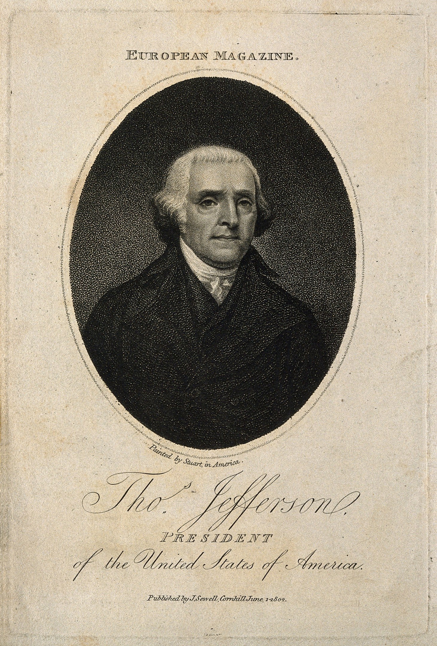 Porträt von Thomas Jefferson, Präsident der Vereinigten Staaten, auf dem Cover des European Magazine, in Schwarzanzug und weißem Hemd mit ernstem Gesichtsausdruck und nach hinten gekämmten Haaren.
