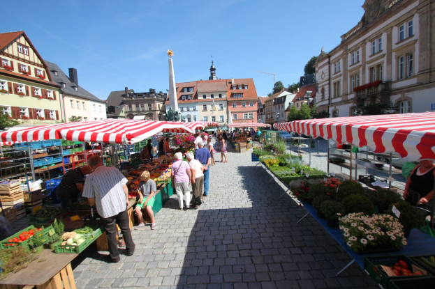 Ein belebter Markt im historischen Zentrum von Heidelberg, Deutschland, mit Menschen, die spazieren gehen, auf Bänken sitzen und um Zelte stehen, sowie Gemüsekörbe auf Tischen und Gebäuden mit Fenstern, Bäumen und einem klaren blauen Himmel im Hintergrund.