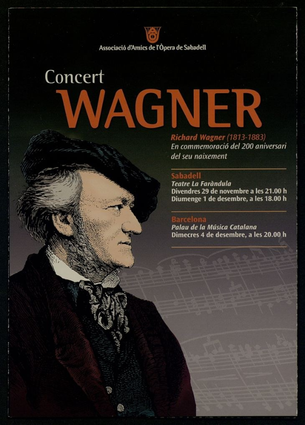 Ein Konzertplakat mit einem Porträt von Richard Wagner in einem schwarzen Anzug und weißem Hemd, mit zurückgekämmtem Haar und ernstem Gesichtsausdruck, mittig auf einem hellblauen Hintergrund mit fetter schwarzer Schrift.