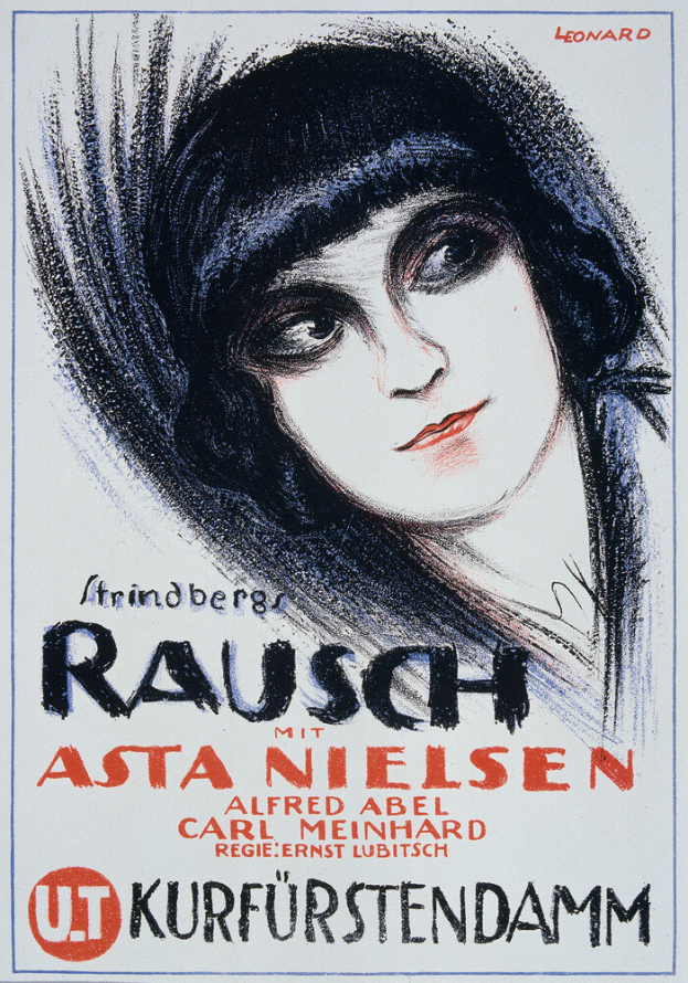 Das Gesicht von Asta Nielsen ist das Zentrum des Filmplakats für "Rausch", mit direktem Blick in die Kamera und leicht geöffneten Lippen, in einem weißen Kleid mit einem gemusterten Schultertuch und schwarzer, fetter Schrift mit weißem Rand.