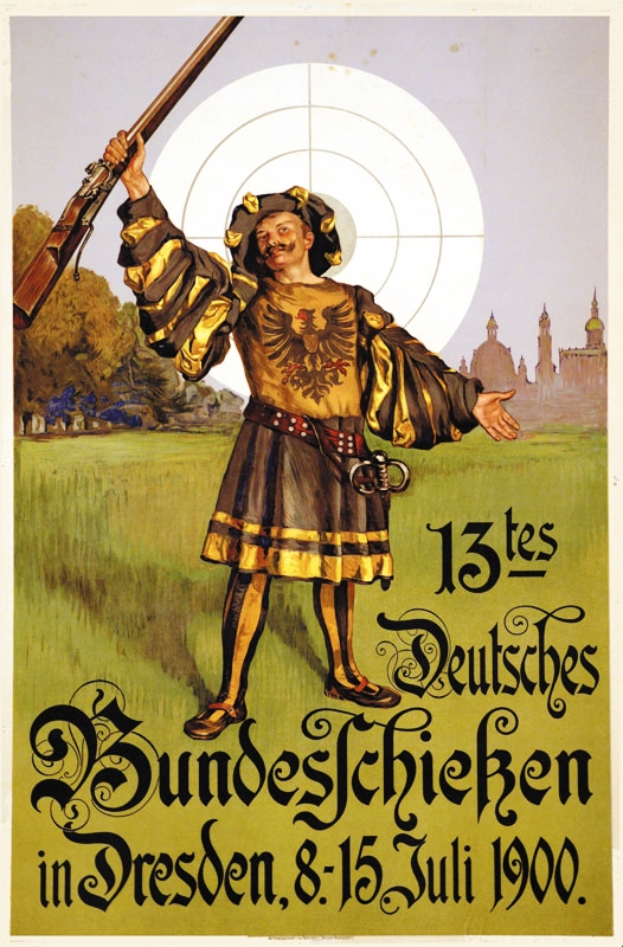 Eine Person mit einer Waffe steht vor Bäumen und Gebäuden auf einem Plakat, das ein Ereignis am 13. Juli in Dresden, Deutschland, ankündigt, mit Text, der Informationen zum Ereignis enthält.