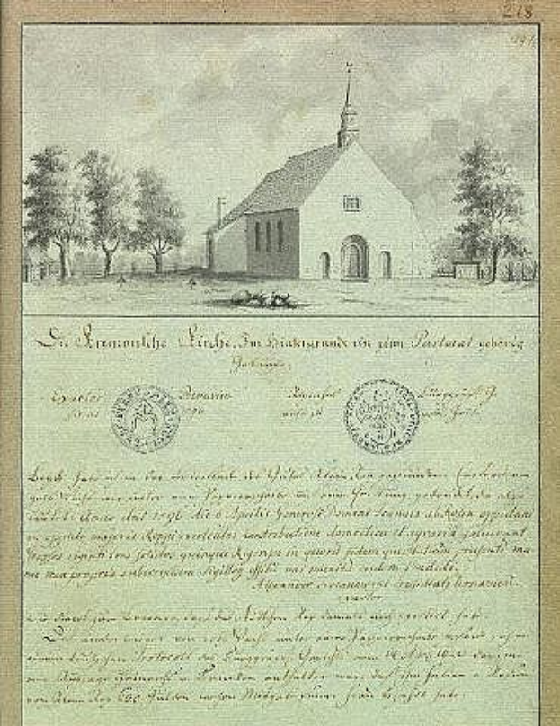 Ein altes Dokument mit einer Zeichnung der St. Erasmus-Kirche umgeben von Bäumen und Himmel, unterzeichnet von der deutschen Regierung.