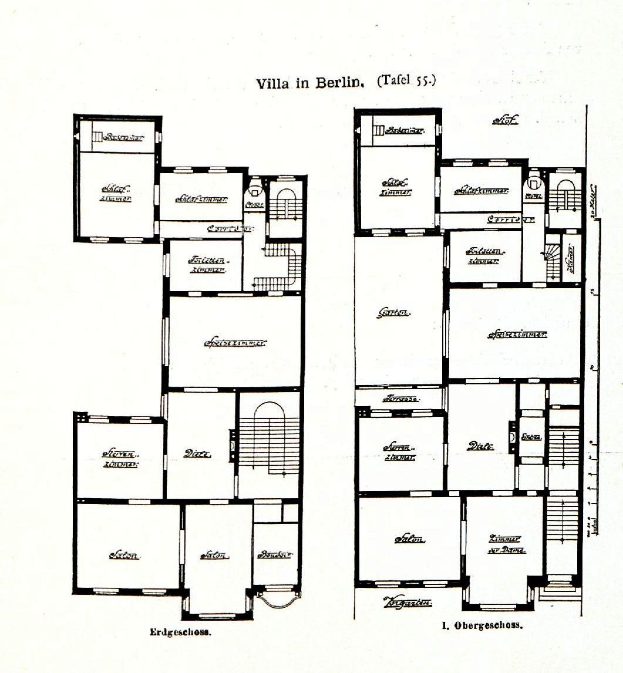 Schwarz-weißes Architekturdiagramm eines Berliner Hausgrundrisses mit beschrifteten Raumabmessungen, Fenster- und Türplätzen.