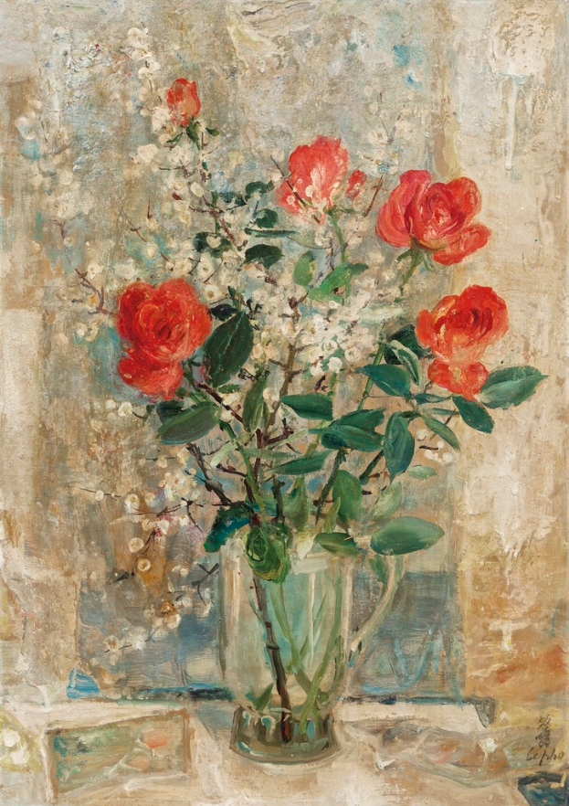 Ein Gemälde, das eine mit Blumen gefüllte Vase zeigt.