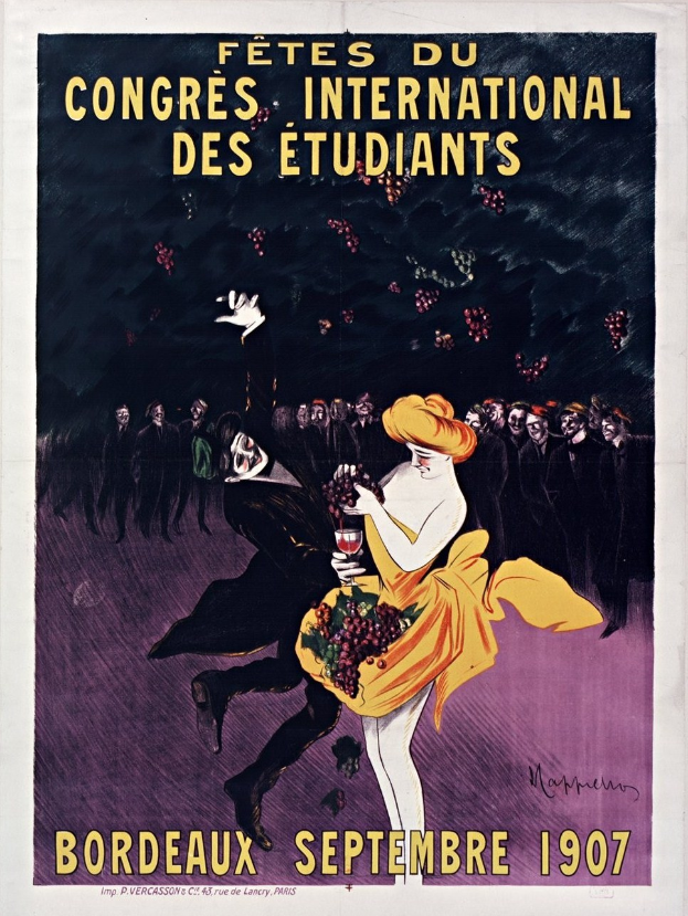 Plakat aus dem Jahr 1907 für eine Weinprobe in Bordeaux, Frankreich, mit einer Frau in gelbem Kleid, die ein Weinglas hält, umgeben von einer Menge, mit Veranstaltungstext.