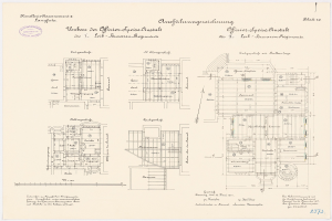 Schwarzes und weißes architektonisches Grundrissbild des ehemaligen Bundeskanzleramts, das den Aufbau des Gebäudes mit Text und Zeichnungen detailliert.