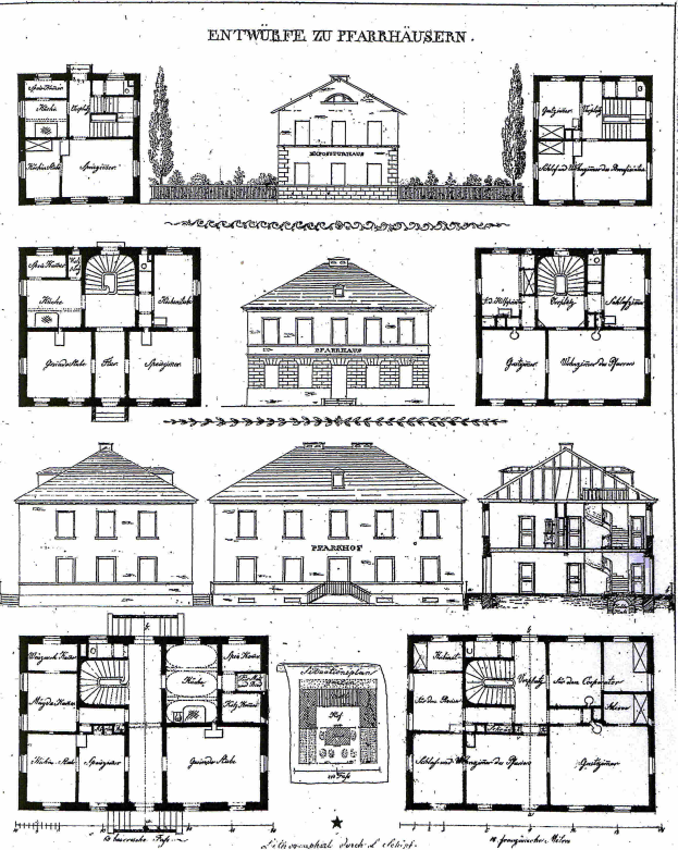 Eine Schwarz-Weiß-Zeichnung eines Hauses mit zahlreichen Fenstern, umgeben von Bäumen, mit der Aufschrift "Pläne für ein Haus in Deutschland" darauf.