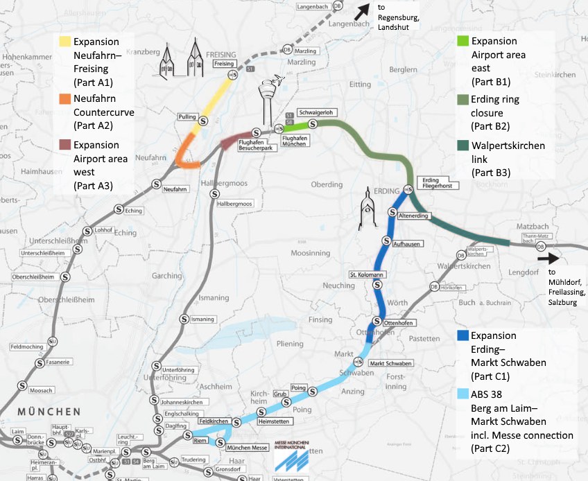 Eine detaillierte Karte einer Stadt mit einer hervorgehobenen Bahnroute von München nach Frankfurt, die Haltestellen, die Umgebung und zusätzliche Bahninformationen zeigt.