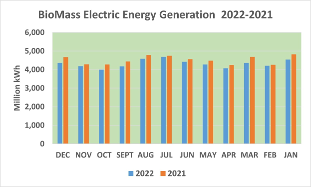 Diagramm, das die Trends der Stromerzeugung aus Biomasse von 2021 bis 2022 zeigt, mit begleitendem erklärendem Text.