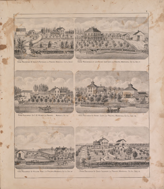 Ein altes Buchblatt mit einer Zeichnung eines Hofes umgeben von Häusern, Bäumen, Pflanzen, Gras und einem bewölkten Himmel, mit der Inschrift "Farm Residence of John M Cartney, La Prairie Marshall Co, Inc."