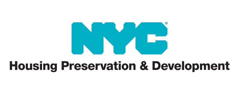 Weißer Hintergrund mit zentriertem fetten schwarzen Text "NYC Housing Preservation & Development" in einer modernen Schriftart, umgeben von einem schmalen schwarzen Rand.