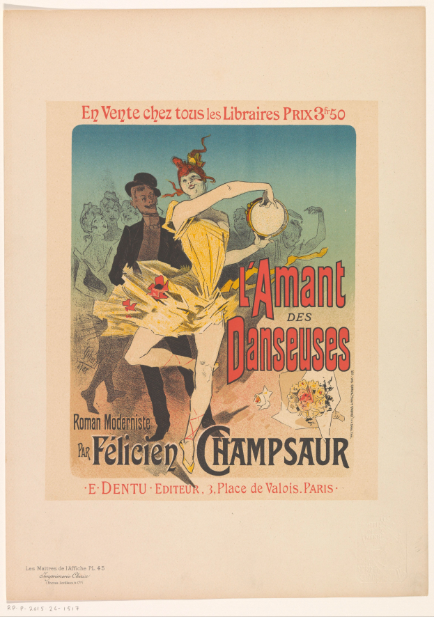 Ein Plakat, das eine Tanzshow in Paris ankündigt, mit einem Mann und einer Frau, die tanzen, wobei der Mann ein Musikinstrument hält und der Text wahrscheinlich die Veranstaltung ankündigt.