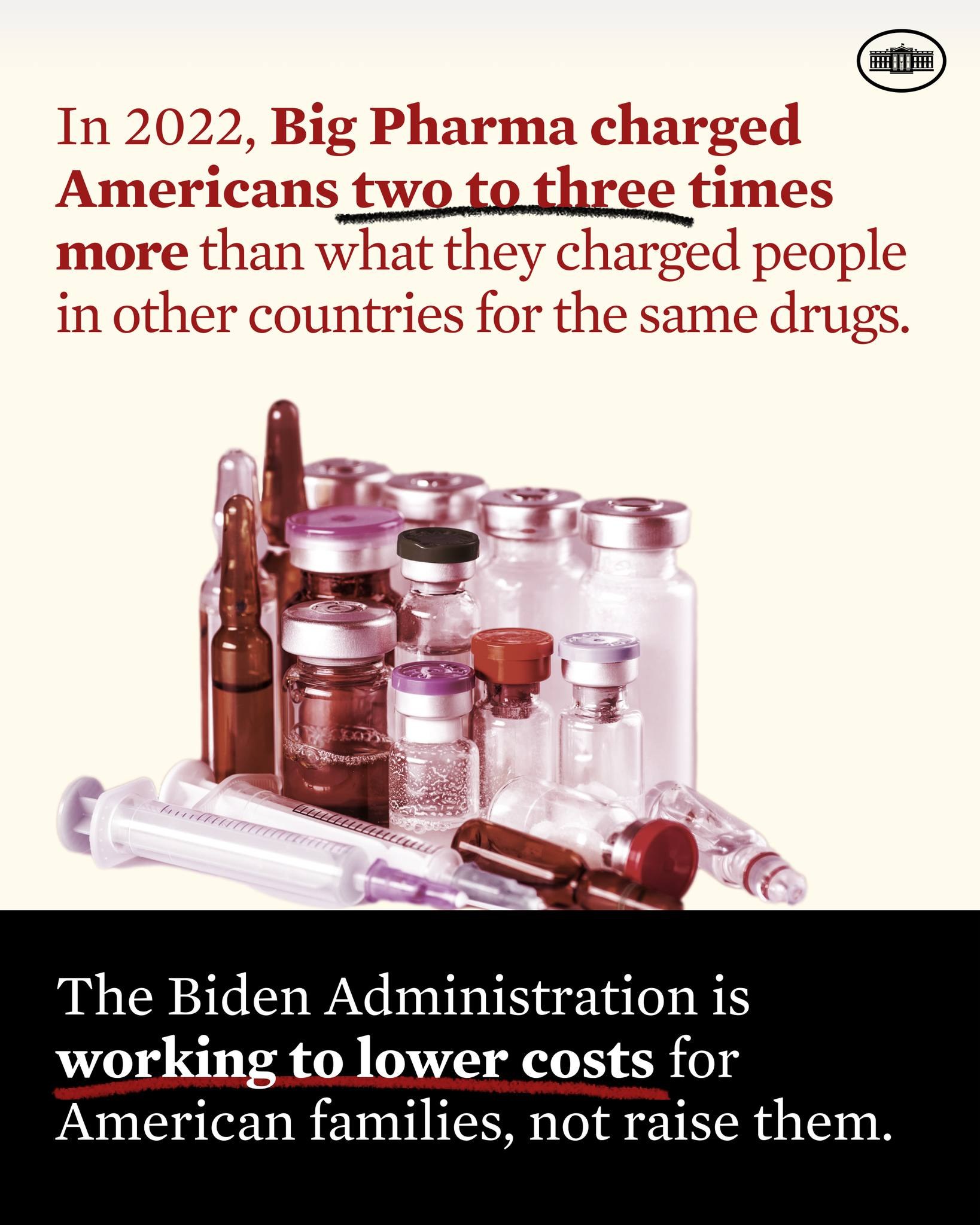Plakat mit Text, der besagt, dass Big Pharma 2022 Amerikanern zwei bis drei Mal so viel für dieselben Medikamente berechnet hat wie in anderen L├Ąndern, zusammen mit Bildern von Medikamentenflaschen und einer Spritze.