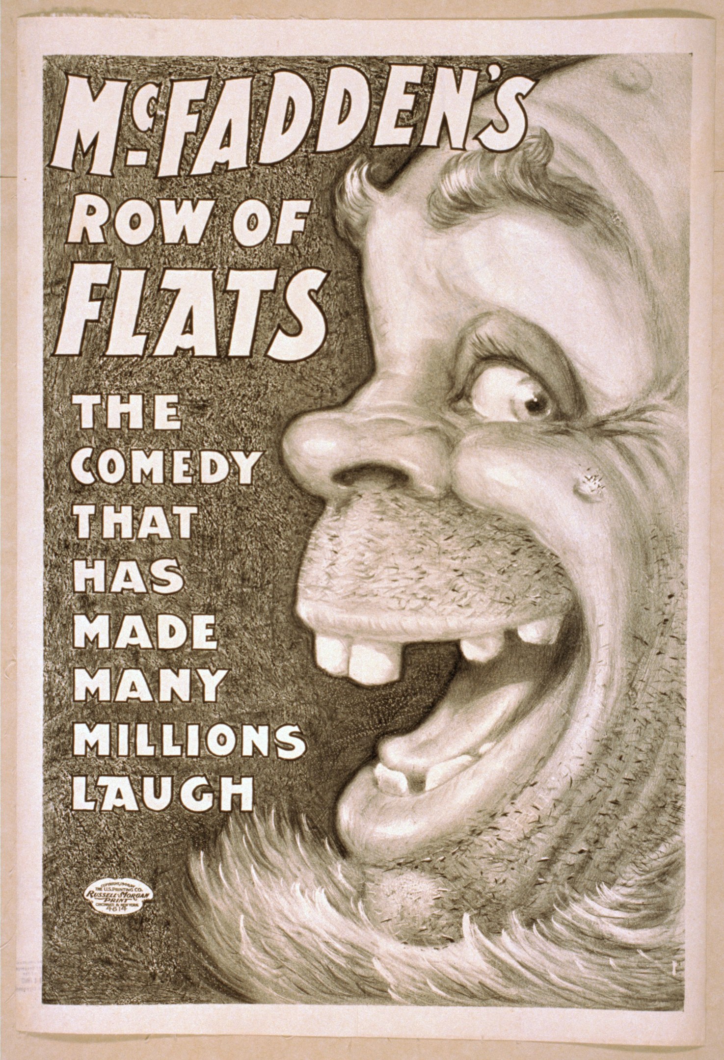 Plakat einer lachenden Person mit wilden Haaren vor einem gelben Hintergrund, das 'McFadden's Row of Flats: The Comedy That Has Made Many Millions Laugh' bewirbt.