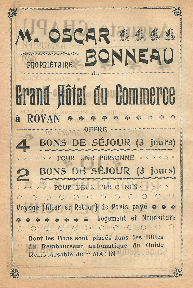 Schwarze und weiße Anzeige für das Grand Hotel du Commerce in Paris, die die Dienstleistungen und Angebote des Hotels auflistet.