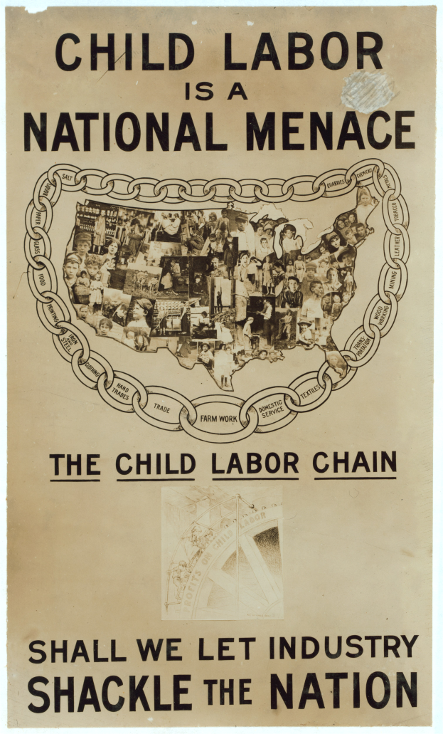 Ein Plakat mit fetter schwarzer Schrift auf einem weißen Hintergrund lautet "Kindermissbrauch ist eine nationale Bedrohung - Sollen wir die Industrie das Land fesseln lassen", zeigt eine vielseitige Gruppe von Menschen, die gemeinsam stehen.