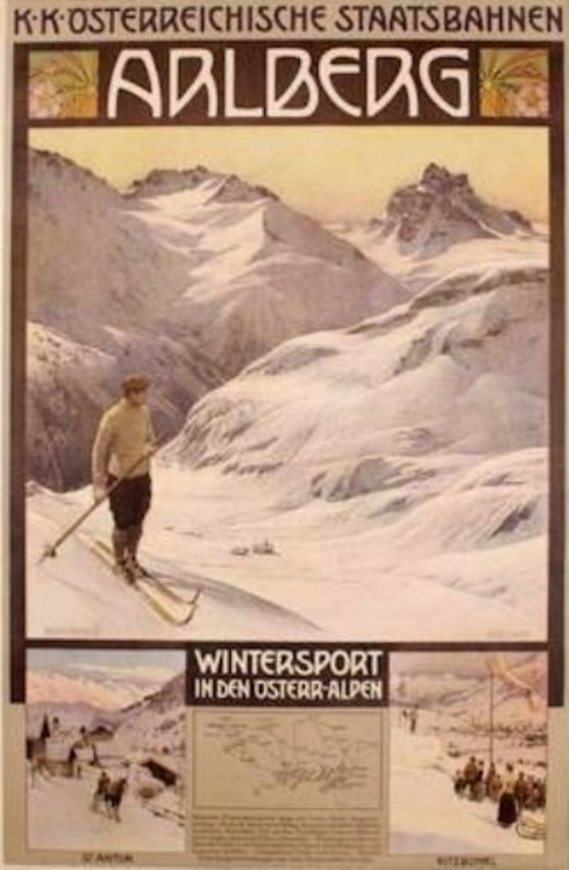 Ein Plakat, das einen Wintersport in den österreichischen Alpen bewirbt, zeigt eine Person, die Ski fährt, umgeben von Bildern anderer Menschen und Bergen mit Text.