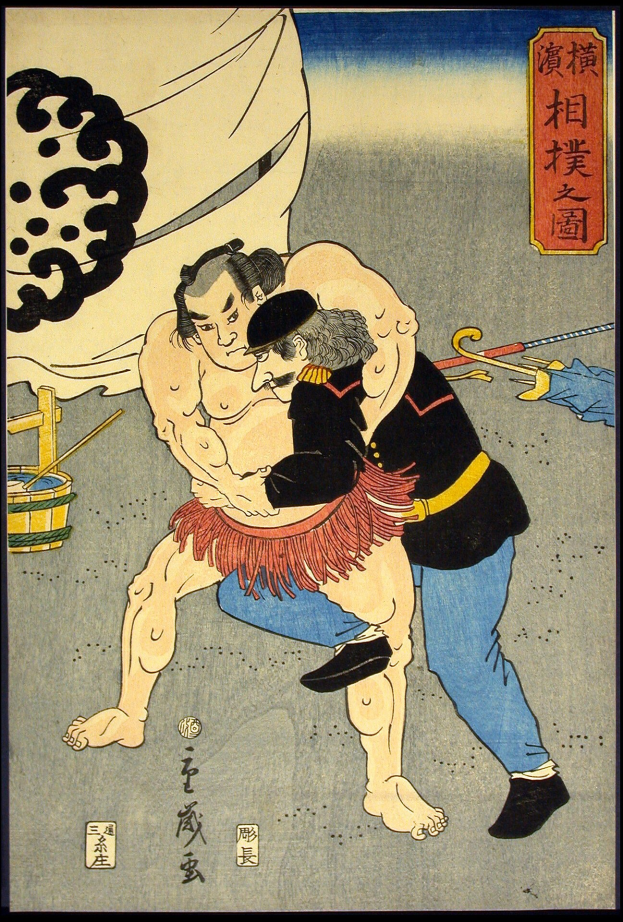 Japanisches Holzschnittbild von Utagawa Kunisada Toyokuni III, das zwei Sumo-Ringer im Kampf zeigt, wobei einer einen Schirm und der andere einen Stock hält, mit einem detallierten Hintergrund aus Gegenständen und Text.