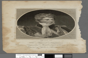 Porträt von George Augustus Frederick, Prinz von Wales, in einem schwarzen und weißen Kleid mit Text am unteren Rand.