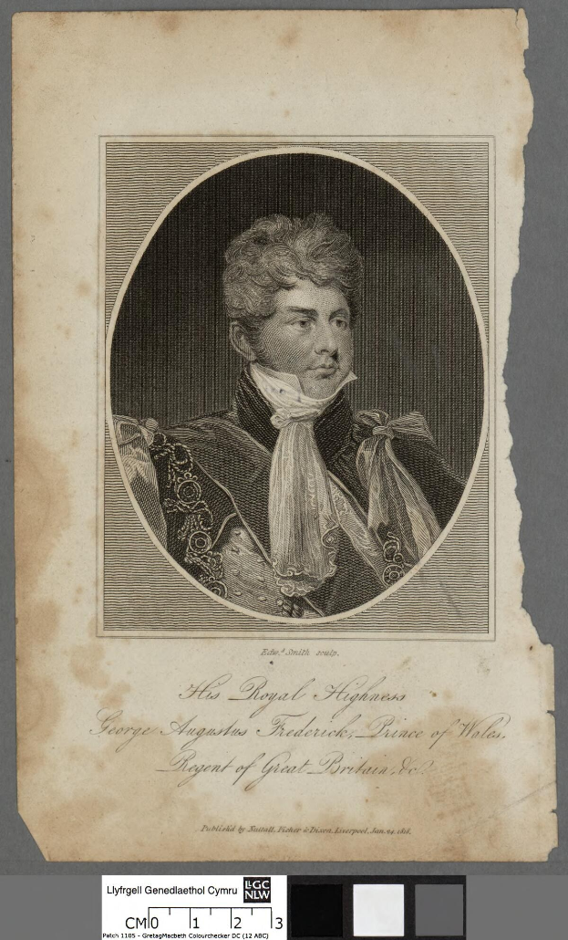 Porträt von George Augustus Frederick, Prinz von Wales, in einem schwarzen und weißen Kleid mit Text am unteren Rand.