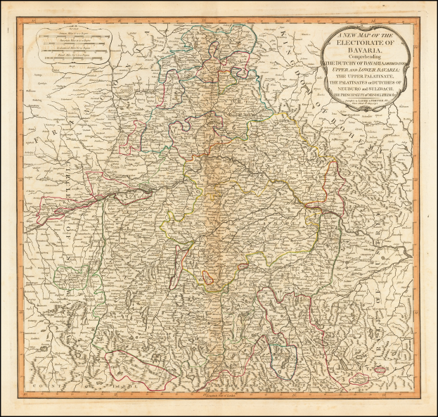 Ein gerahmtes Bild der Wählerkreise Bayerns, das die Provinzen Deutschlands und Österreichs zeigt.