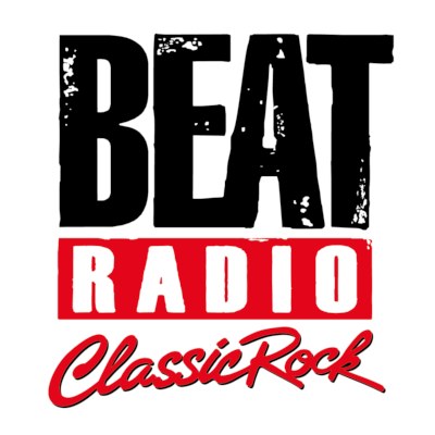 Plakat mit 'Beat Radio Classic Rock' in fetter schwarzer Schrift auf einem weißen Hintergrund, eingerahmt von einem hellgelben Rand und einem schwarzen äußeren Rand.
