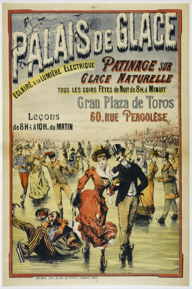 Ein Plakat für eine Tanzvorstellung im Palais de Glace in Paris, das eine Gruppe von Menschen in bunten Kostümen zeigt, die fröhlich tanzen, umgeben von Text.
