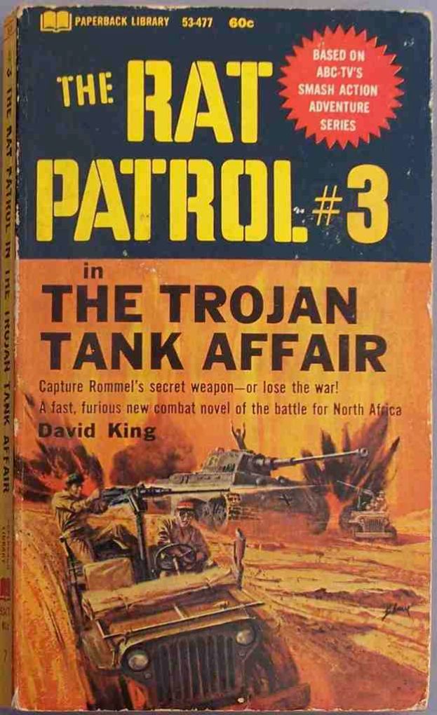 Ein Buchumschlag mit Armee-Panzern und Jeeps in einer KriegsSzene mit Text darüber.