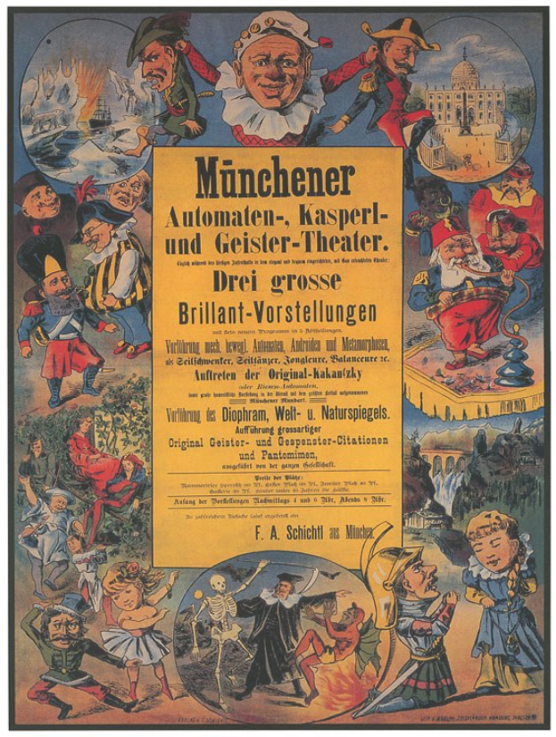 Alter deutscher Filmplakat für 'Munchener Automaten-Kasperl- und Geister-Theater' zeigt eine Gruppe in bunten Kostümen umgeben von Text.