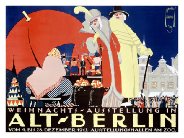Ein Plakat, das eine Zirkusveranstaltung in Berlin, Deutschland, ankündigt, mit einer farbenfrohen Illustration von Menschen, Gebäuden und Gegenständen und der Aufschrift "Weihnachts Ausstellung in Alt-Berlin" öberall.