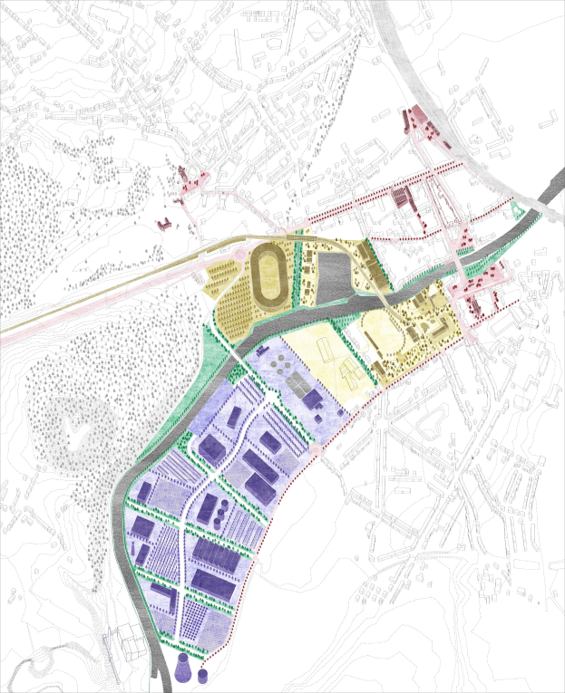 Vorgeschlagener Lageplan für die neue Stadt London, farbcodierte Karte mit verschiedenen Stadtbereichen.