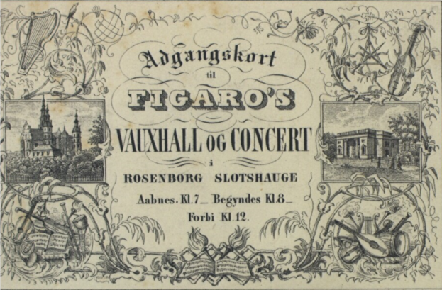 Ein altes Ticket für Figaro's Vauxhall og Concert in Rosenborg, mit Bildern von Gebäuden, Bäumen, Musikinstrumenten und Text.