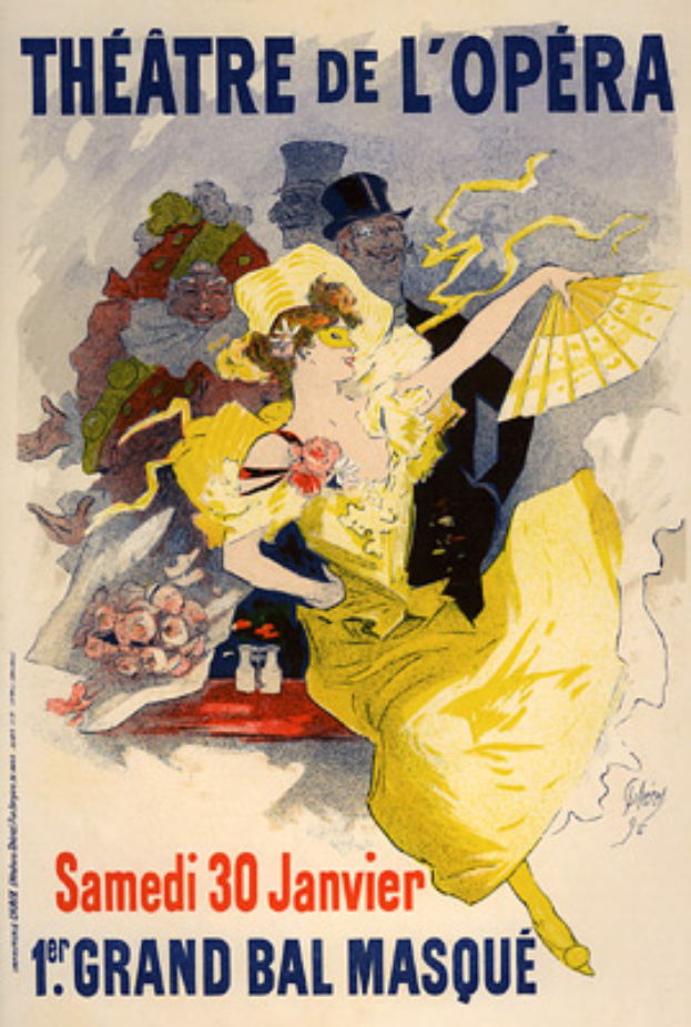 Ein Plakat, das das Théâtre de l'Opéra in Paris ankündigt, mit einer Frau in einem gelben Kleid darauf, umgeben von anderen Menschen, mit Text darauf.