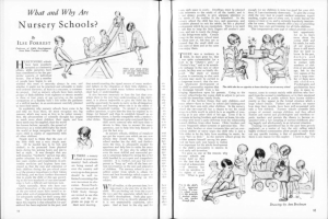 Offenes Buch mit Illustrationen von spielenden Kindern in einer Kita, mit Text und einer Tabelle mit Gegenständen.