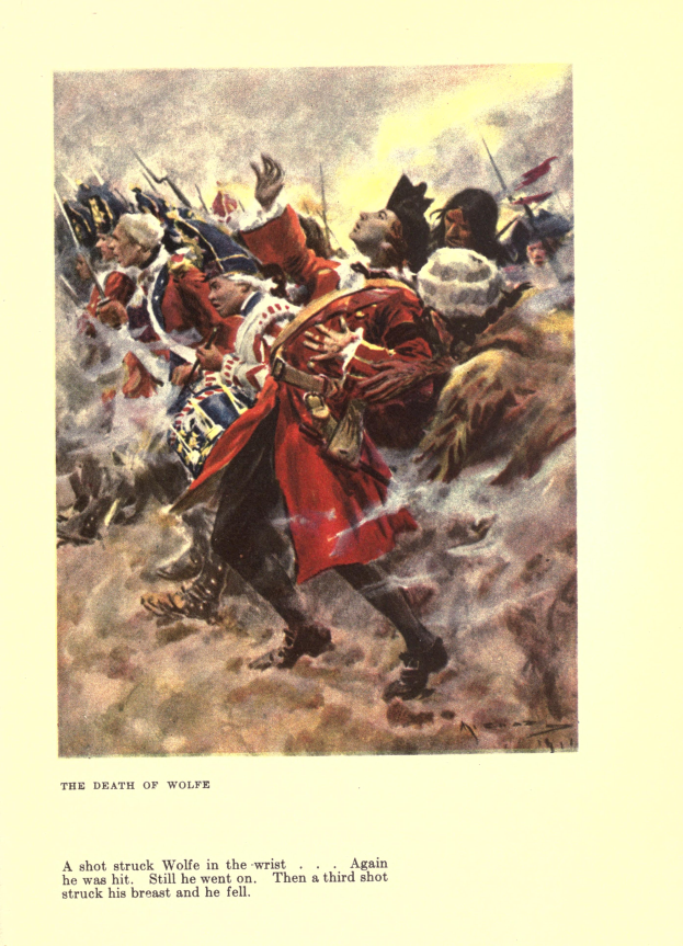 Ein Plakat zeigt eine Gruppe verzweifelter Menschen, einige schauen ängstlich nach oben, andere traurig nach unten, mit der Aufschrift 'Der Tod von Wolfe' unten, in gedämpften Farben, die eine melancholische Atmosphäre schaffen.