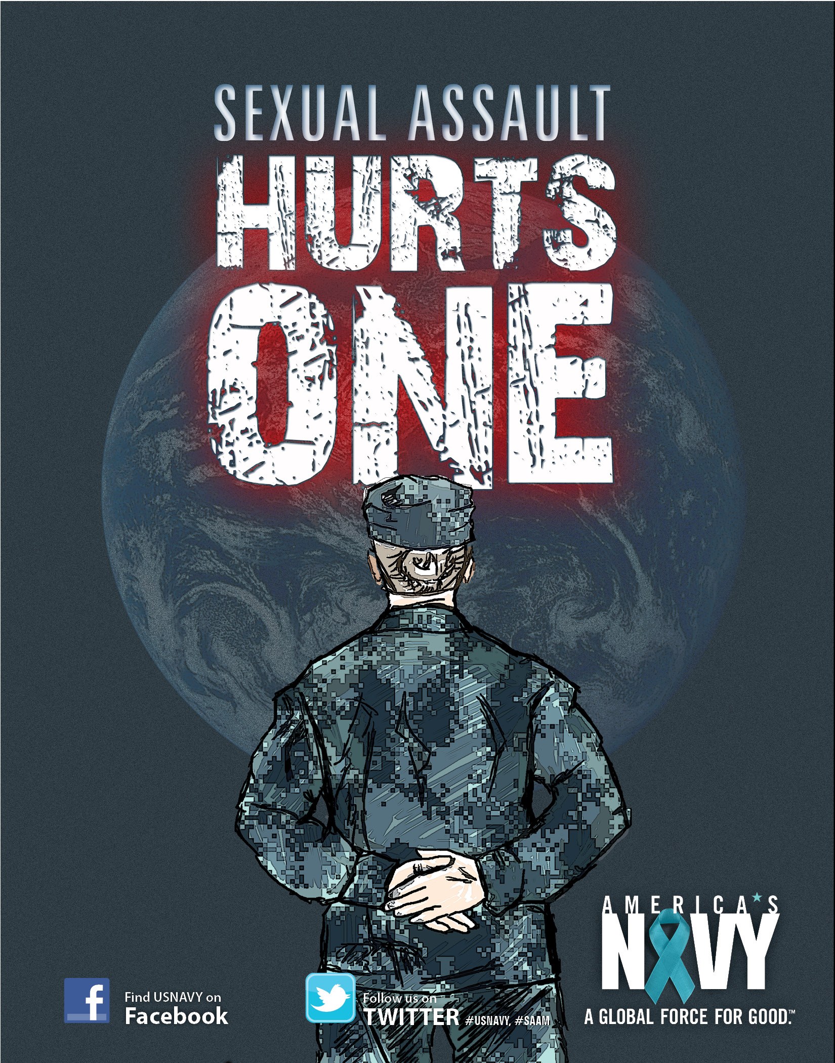 Ein Plakat mit einer Person in Militäruniform in der Mitte, umgeben von Logos und fetter schwarzer Schrift, die "Sexual Assault Hurts One" lautet.