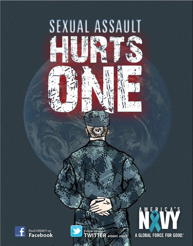 Ein Plakat mit einer Person in Militäruniform in der Mitte, umgeben von Logos und fetter schwarzer Schrift, die "Sexual Assault Hurts One" lautet.