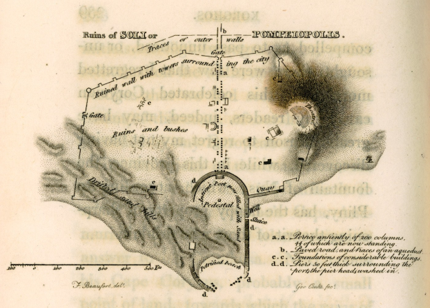 Altes Buch mit einer detaillierten Karte einer Stadt auf dem Cover, begleitet von Text über die Geschichte, Kultur und Sehenswürdigkeiten der Stadt.