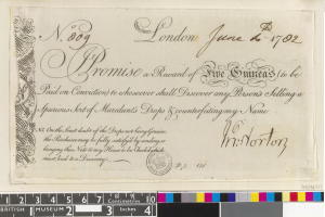 Altes Dokument mit Schwarz-Weiß-Handschrift, Text und einem Stempel, das Farbskalen und eine Belohnungsanzeige für die Aufdeckung von betrügerischen Verkäufen von Mardants Tropfen enthält.