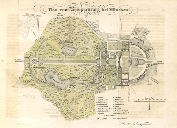 Ein alter Stadtplan von München, Deutschland, mit einem detaillierten Plan eines Parks und begleitendem Text, der das Layout beschreibt.