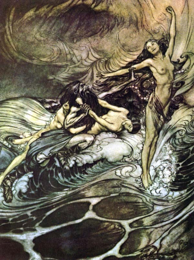 Gemälde 'Die Meerjungfrauen' von Arthur Rackham zeigt eine Meerjungfrau in einem langen dunklen Kleid und eine Frau in einem smaragdgrünen Kleid, die in tiefblauen Ozeanwellen unter einer untergehenden Sonne schwimmen.
