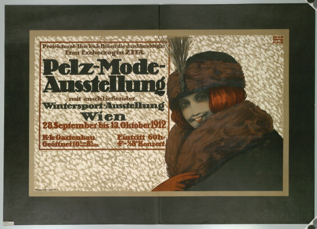 Ein Plakat bewirbt ein Wintersportevent in Wien, Österreich, mit einer lachenden Frau in einem Pelzmantel und Hut sowie Event-Informationstext.