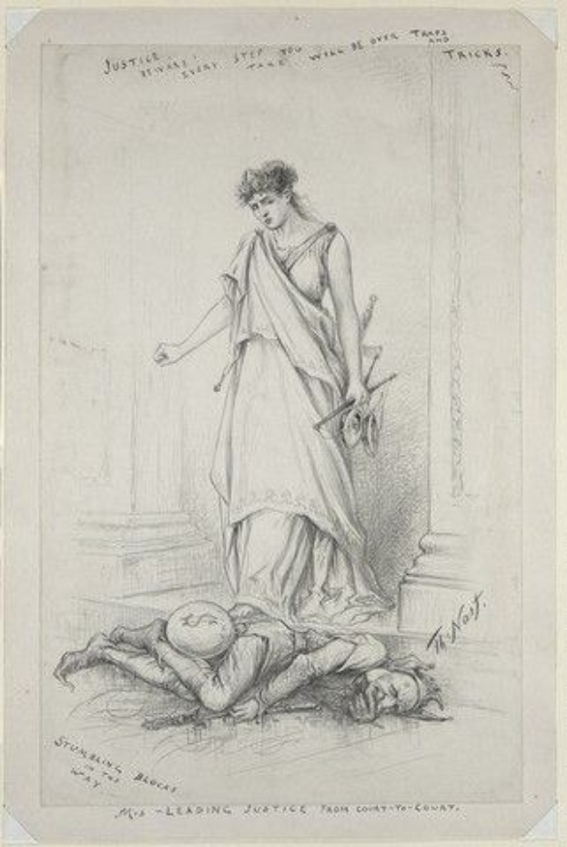 Eine Frau in einem langen Kleid steht neben einem Mann, der auf dem Boden liegt, beide Hände gefaltet; der Text lautet "Die führende Richterin vom Bezirksgericht."