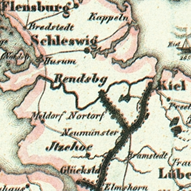Ein detaillierter alter Stadtplan von Schleswig-Holstein, der Straßen, Gebäude, Sehenswürdigkeiten und Text enthält, der Informationen über die Bevölkerung, Straßen und Sehenswürdigkeiten der Stadt bereitstellt.