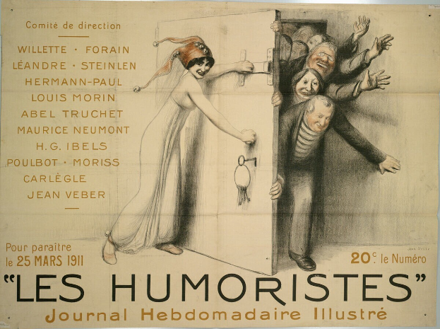 Ein Plakat an einer Gebäudewand mit einer Gruppe lachender Menschen und der großen Schrift 'Les Humoristes Journal Hebdomadaire Illustré' oben.