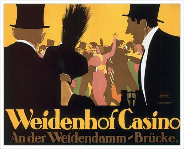 Ein Plakat, das das Weidenhof Casino in Brücke, Deutschland bewirbt und eine lebendige Illustration von tanzenden und vergnügten Menschen zeigt, mit den Worten "Weidenhof" in fetter Schrift oben drauf, eingerahmt von einem schwarzen Rand.