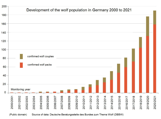 Liniengraph, der die Wolfsbevölkerung in Deutschland von 2000 bis 2021 zeigt, mit begleitendem erklärendem Text.