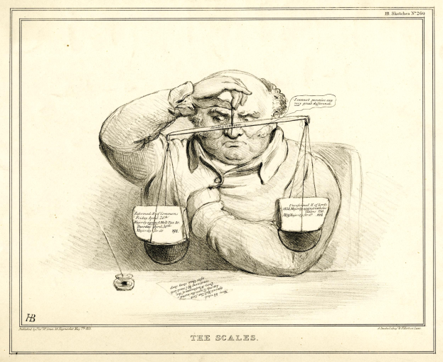 Ein Anwalt in Anzug sitzt an einem Tisch mit einer Waage vor ihm, die er mit Text und Zahlen markiert.